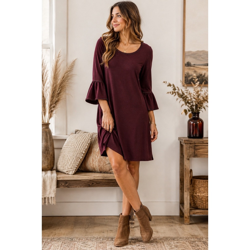 Max Studio Burgundy Bell Sleeve Shift Dress Women's Large Boho Crochet Trim